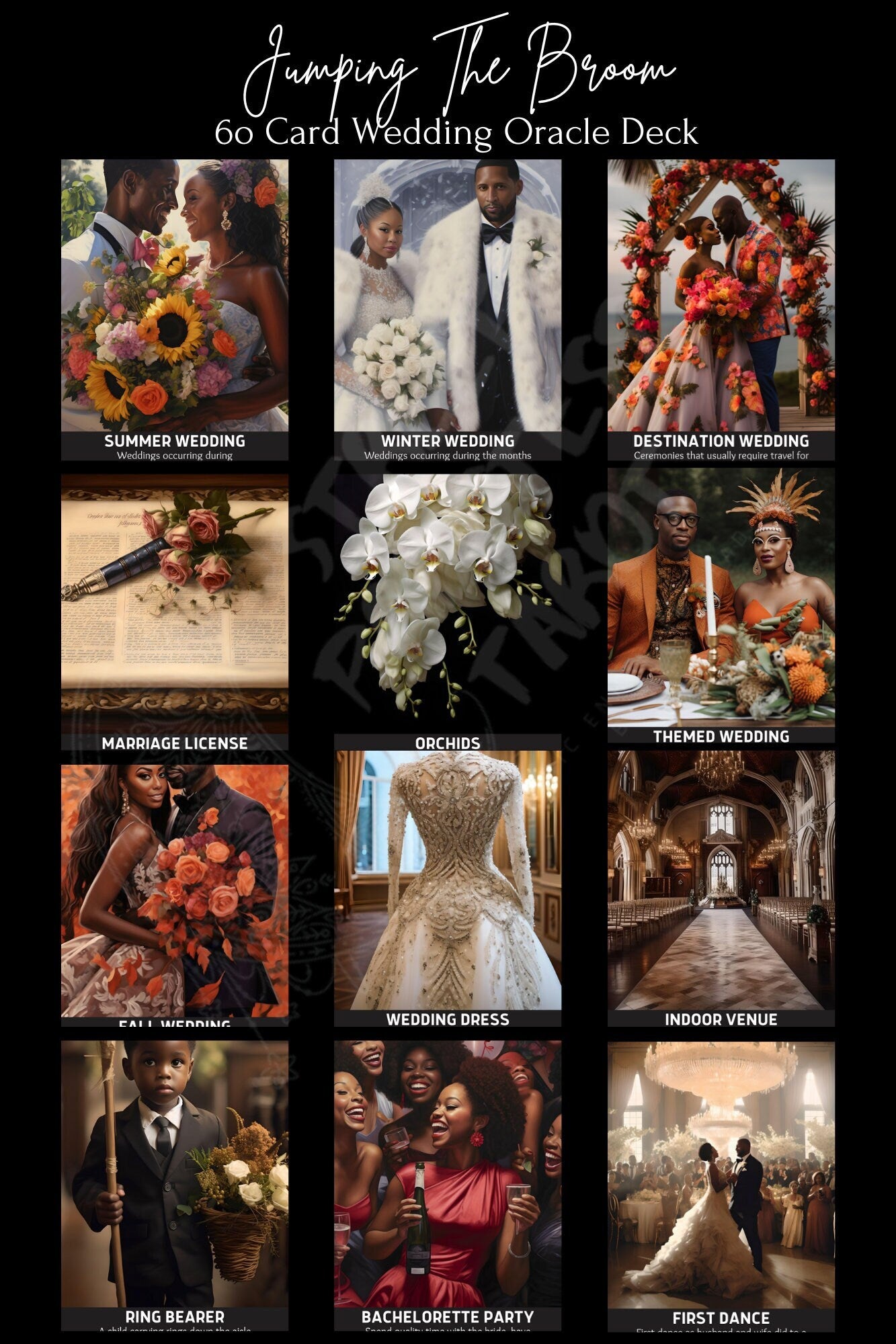 Oracle Card Deck | 60 Tarot Size Cards Wedding Bridal Messages | African American Divination Cards Black Artwork
