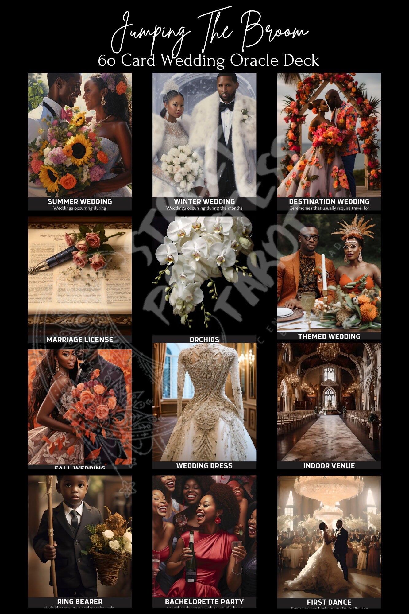 Oracle Card Deck | 60 Tarot Size Cards Wedding Bridal Messages | African American Divination Cards Black Artwork