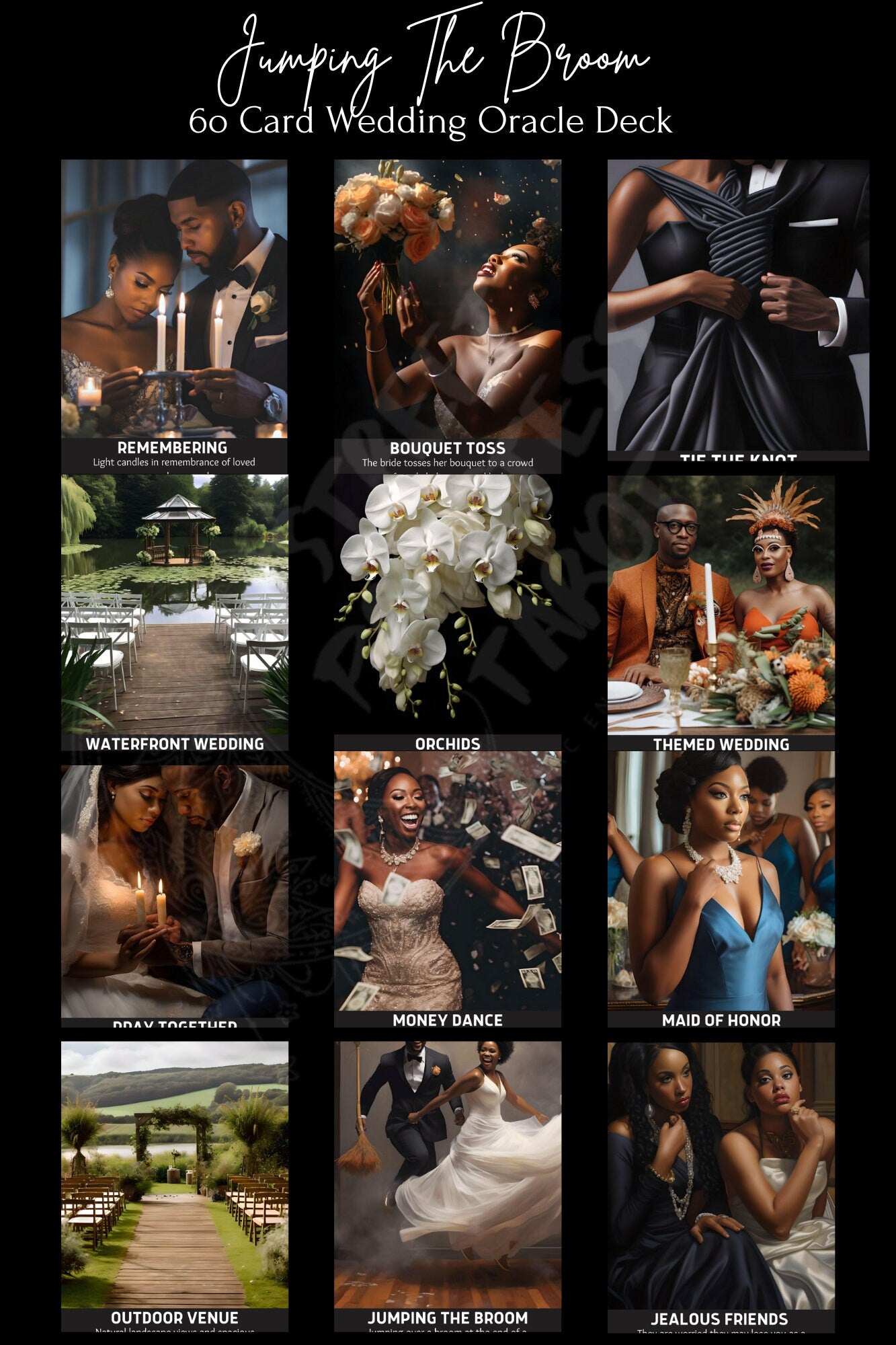 Oracle Card Deck | 60 Tarot Size Cards Wedding Bridal Messages | African American Divination Cards Black Artwork